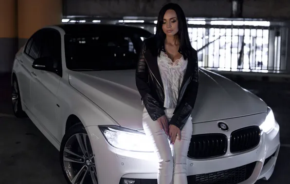Picture Girls, BMW, beautiful girl, Valeria, white car, posing on the car