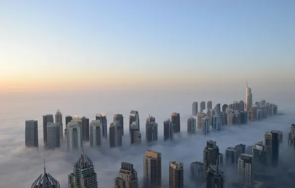 Fog, height, skyscrapers, morning, Dubai, cool