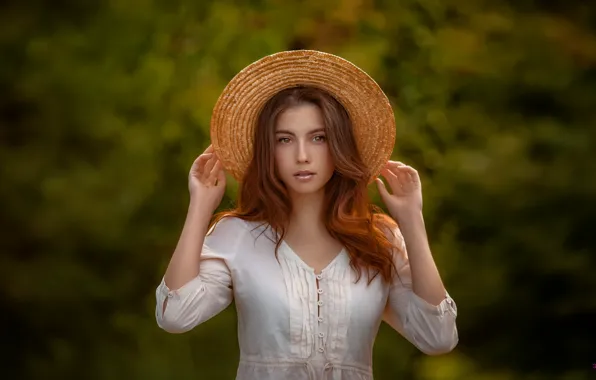 Picture look, girl, face, portrait, hat, brown hair, beautiful, bokeh