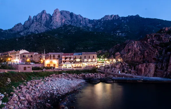 Lights, stones, rocks, coast, France, island, home, the evening