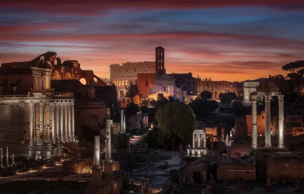 The city, the evening, morning, Rome, Italy, ruins