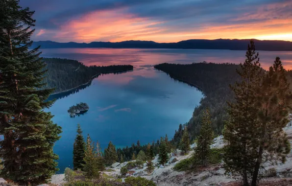 Trees, landscape, mountains, nature, lake, stones, morning, USA