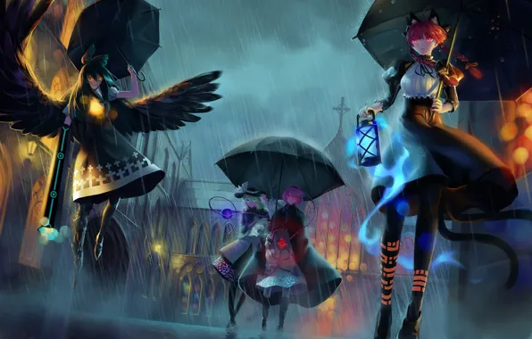 The sky, girls, rain, street, the evening, Touhou Project, Rin Kaenbyou, Koishi Komeiji