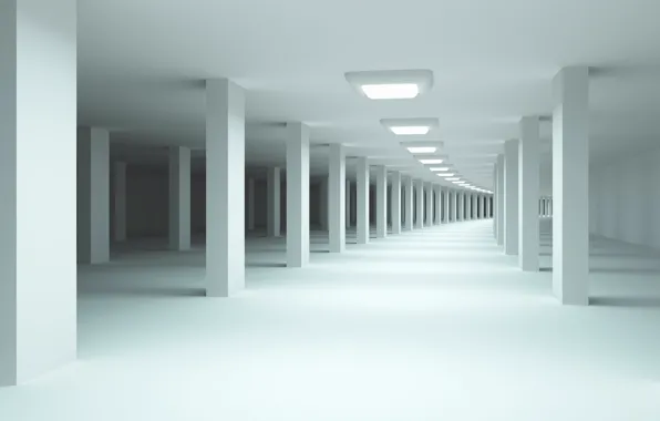 White, Minimalism, Parking, columns, architecture, tunnel