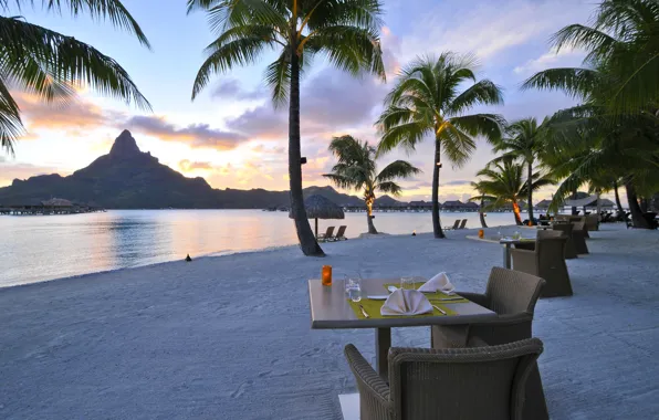 Beach, ocean, sunset, Bora-Bora, resort, restaurant on the beach, romantic dining