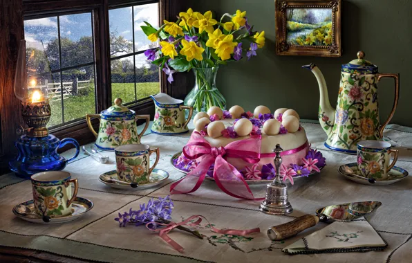 Flowers, style, lamp, picture, window, cake, still life, daffodils