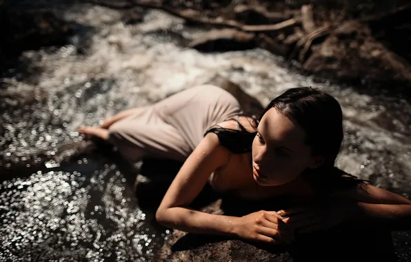 Forest, woman, waterfall