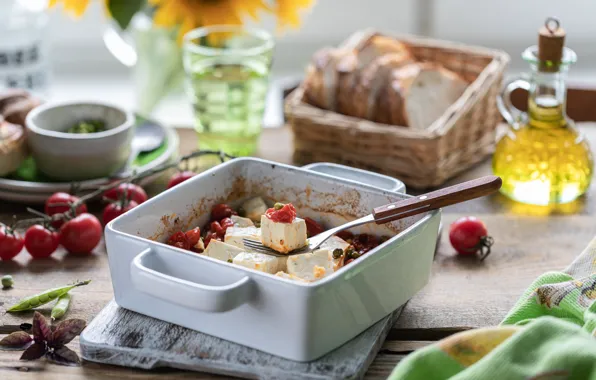 Bread, appetizer, olive oil, Basil, feta cheese, cherry tomatoes, Baked, Karina Klachuk