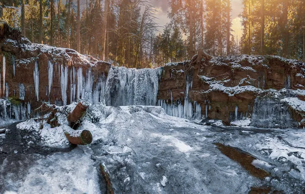 Winter, forest, snow, nature, stones, rocks, shore, waterfall