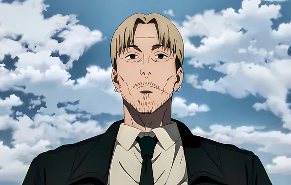 Anime, tie, male, jacket, high quality, stern look, Chainsaw Man