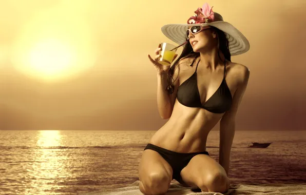 Beach, girl, sunset, glasses, drink, hat