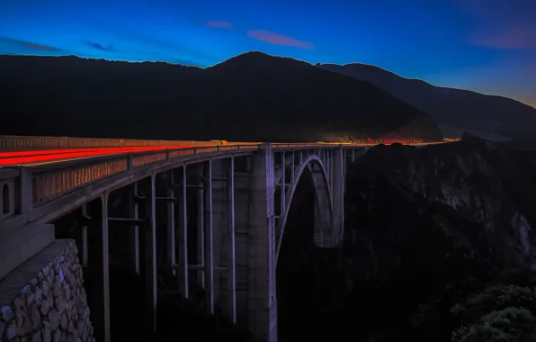 Picture mountains, night, bridge, track, CA, USA, Bixby Creek Bridge