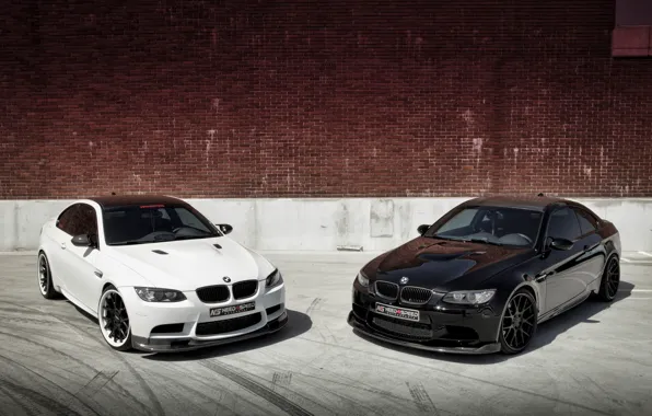 White, black, bmw, BMW, wall, white, black, brick wall
