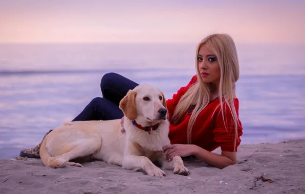 Beach, look, pose, Girl, dog, blonde