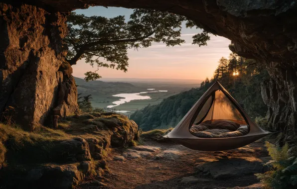 The sky, sunset, mountains, nature, fog, comfort, stones, stay
