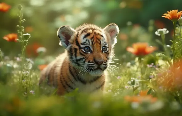 Look, flowers, nature, tiger, portrait, baby, face, tiger