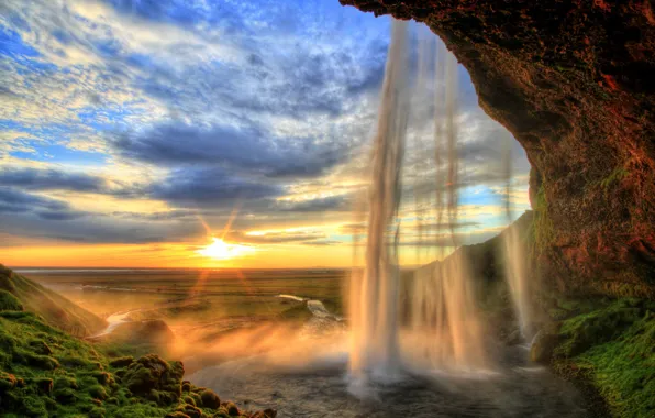 The sky, the sun, clouds, rays, landscape, rock, waterfall, moss