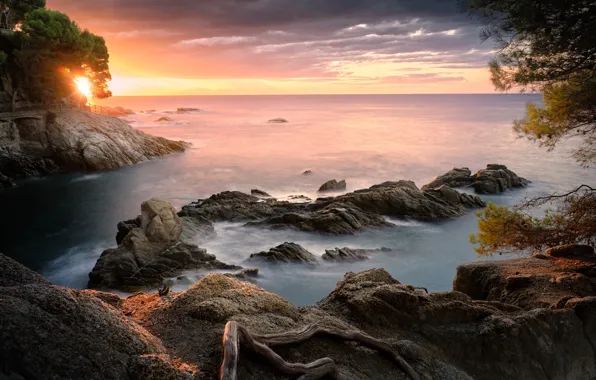 Sea, the sun, trees, landscape, sunset, nature, rocks, Spain