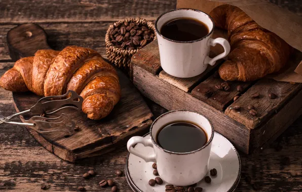 Picture coffee, mugs, coffee beans, croissants, cutting Board