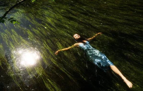 Water, girl, algae, pose, the situation, hands, dress, closed eyes