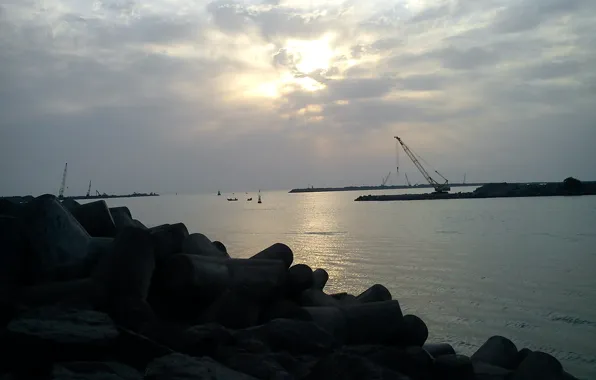 Sunrise, boat, lantern, Sea, Iran, crane, breakwater, Caspian