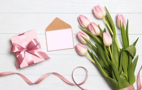 Flowers, gift, bouquet, tulips, pink, wood, pink, flowers