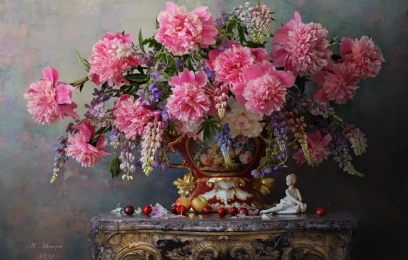 Flowers, style, berries, table, bouquet, vase, figurine, still life