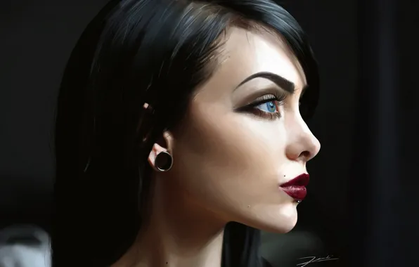 Girl, piercing, brunette, art, profile, earring