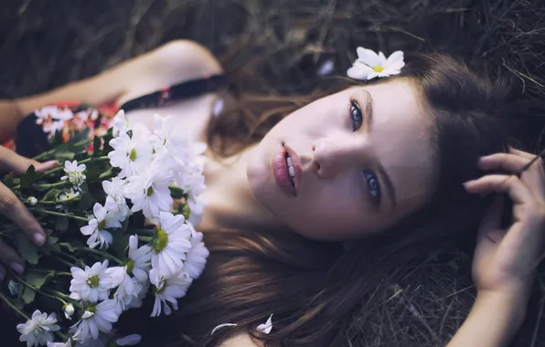 Picture look, girl, flowers, bouquet, petals, brown hair