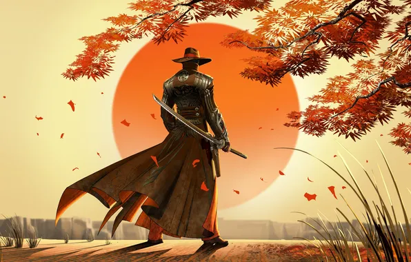 Picture sunrise, sword, Cowboy