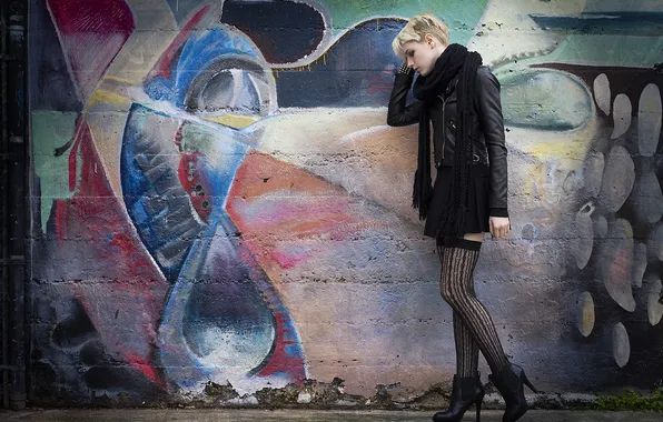 Picture graffiti, stockings, short hair, women, blonde, scarf, jacket, miniskirt