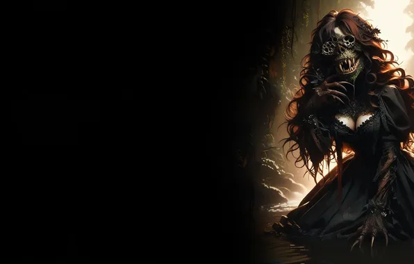 Girl, monster, black background, horror