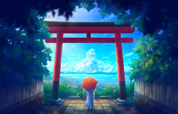 Girl, the city, umbrella, torii