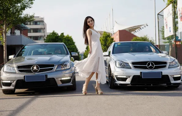 Look, girl, Mercedes, Asian, car, beautiful girl, posing