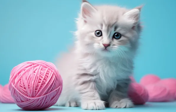 Cat, white, look, tangle, pose, kitty, pink, thread