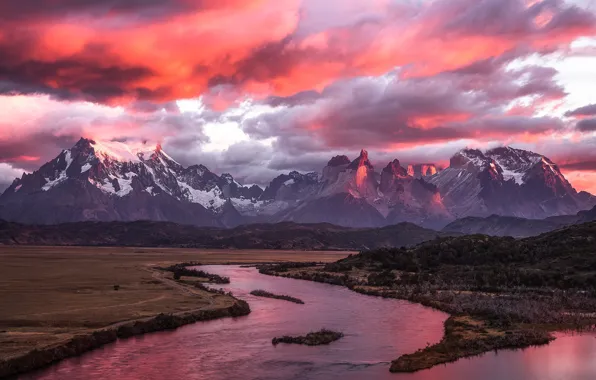 The sky, clouds, sunset, mountains, fog, river, shore, dal