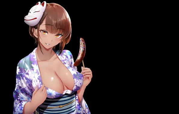 Sexy, cleavage, anime, pretty, kimono, kitsune, matsuri, Choco banana