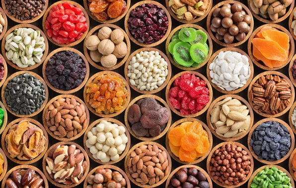 Kiwi, nuts, seeds, a lot, different, raisins, cuts, candied