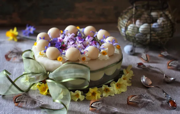 Flowers, eggs, spring, feathers, spoon, cake, bow, Primula