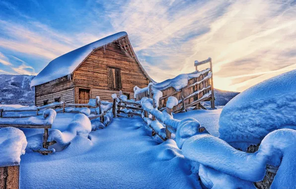 Winter, the sky, clouds, light, snow, mountains, house, blue
