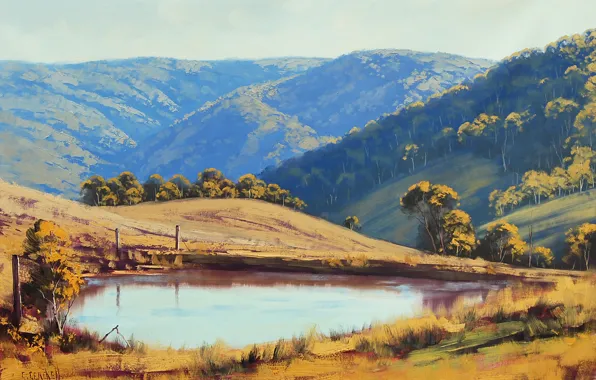 Greens, lake, pond, hills, the fence, art, ARTSAUS