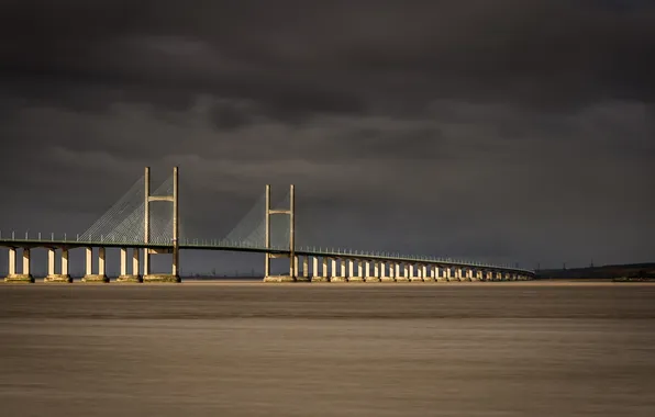 Picture the sky, clouds, bridge, river, shore, Bay