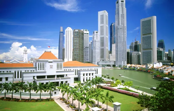 River, palm trees, skyscrapers, Singapore, Embassy