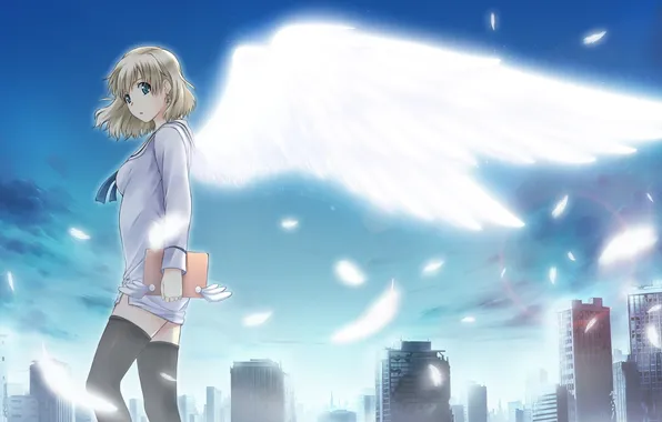 Girl, the city, wings, feathers, Notepad, records, game cg, tokyo babel