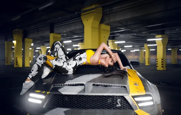 Car, machine, auto, girl, city, fog, race, mustang
