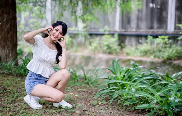 Girl, pose, smile, shorts, blouse, legs, Asian