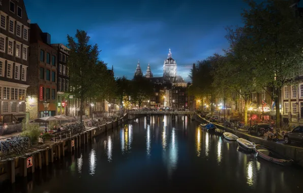 Picture the city, building, home, boats, the evening, lighting, Amsterdam, lights