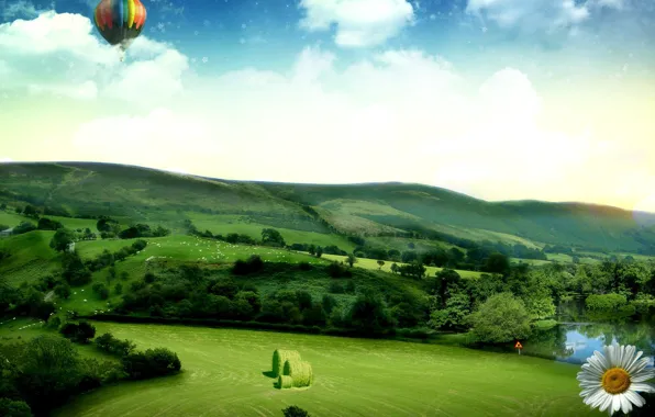 Field, balloon, Hills