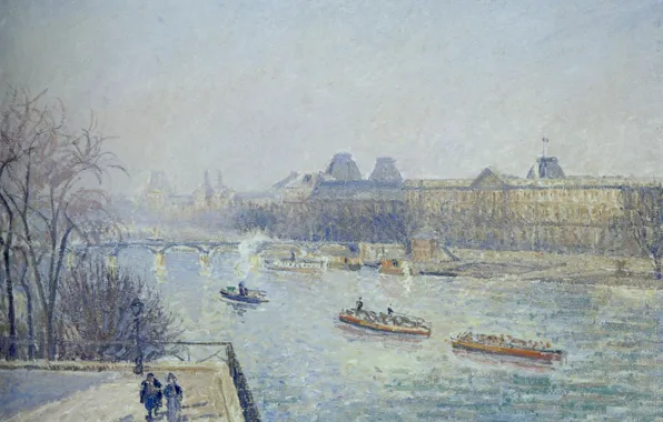 River, Paris, picture, the urban landscape, Camille Pissarro, The Louvre. Morning. Winter Sun. Frost. The …