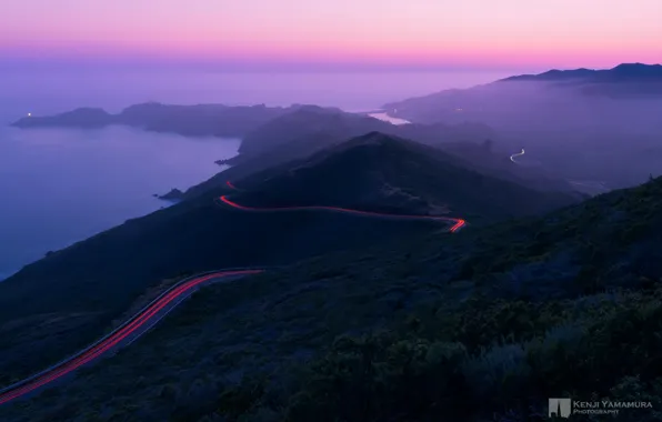 Road, mountains, lights, fog, twilight, photographer, Kenji Yamamura